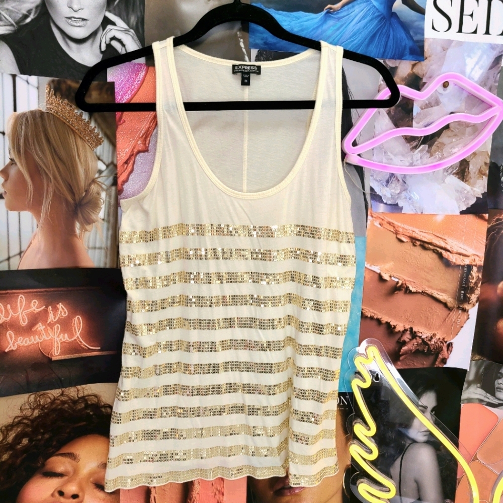Cream colored tank gold sequin stripes